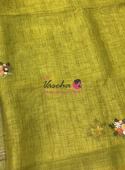 French Knot - Linen Tissue Saree - Green Shade - VVLFN018