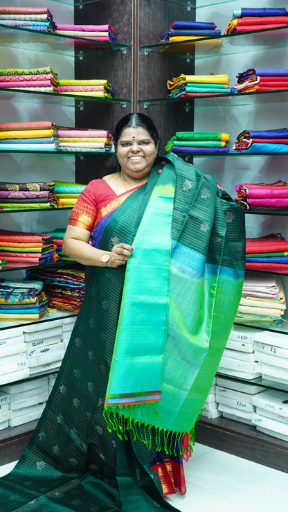 Pure Soft Silk Saree - Vaira Voosi design - Green With Teal Green ( lemon mixed) Combo - VVPSS016