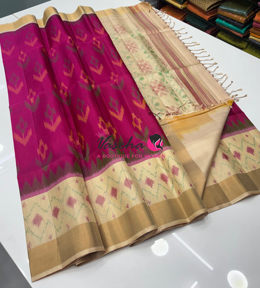 Pure Soft Silk Saree  - Pochampally Design - Pink & Cream Combo - VVPSS110