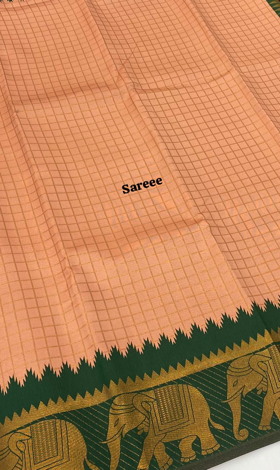 Semi Silk Saree - Kanchi Silk Style - Elephant Border - Peach with Green - VVSSS005