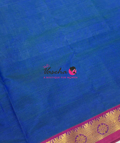 Pure Silk Cotton Sarees - Peacock Blue With Pink - VVPSC017