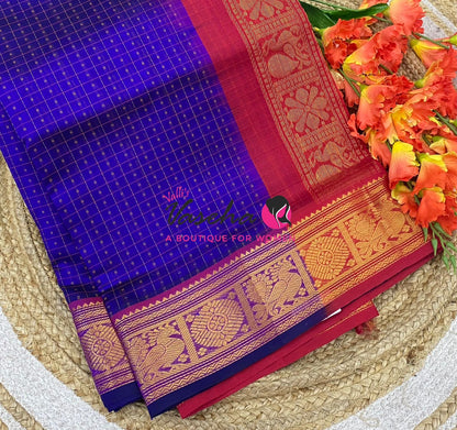 Pure Silk Cotton Saree - Blue With Red Shade - Lakshadeepam Design - VVPLD001