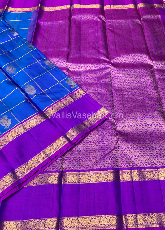 Pure Kanchipuram Silk Saree - Blue With Purplish Pink Combo - VVPS027