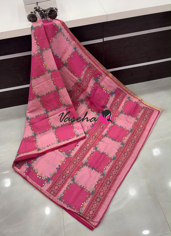 Linen Tissue Saree -  Light & Dark Combo - Pink Shade - VVLTS005