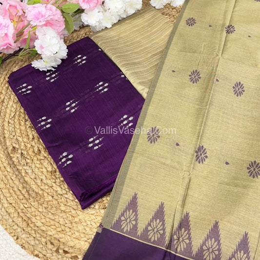 Unstitched Salwar Material -Raw Silk - Violent with Cream Shade - VVUSM004