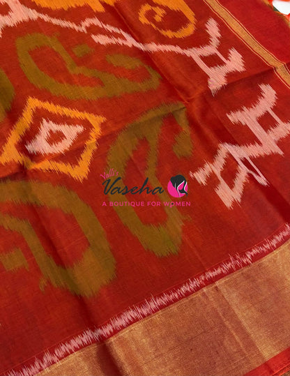 Pochampally Silk Cotton Saree - Double Tone Green & Red Shade - VVPPS001