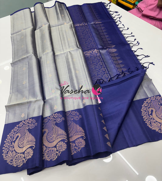 Pure Soft Silk Saree - (1.75 Warp) Shade Of Grey & Blue Combo - VVPSS064