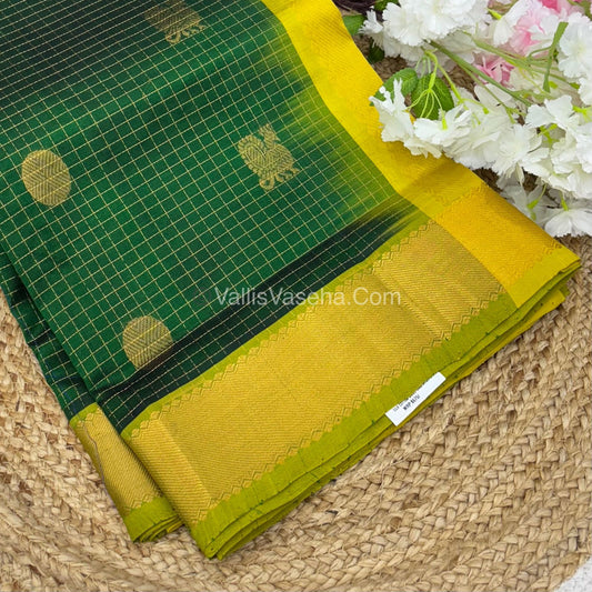 Pure Silk Cotton Saree - Mayil & Chakkaram Design - Green With Yellow Shade - VVMC002