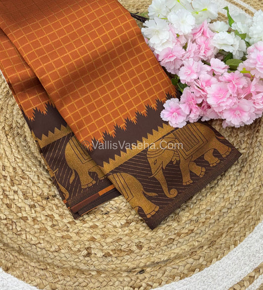 Kanchi Semi Silk - Elephant Border& design - Rust Orange & Brown - VVSSS005
