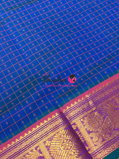 Pure Silk Cotton Saree -  Blue  With Pink - Lakshadeepam Design - VVPLD001