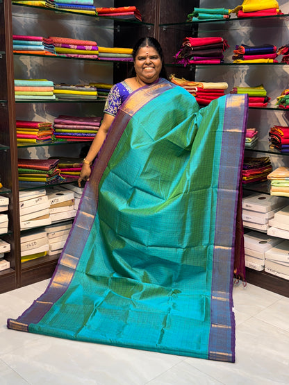 Pure Silk Cotton Saree - Double tone Blue shade with Purple - Lakshadeepam Design - VVPLD001