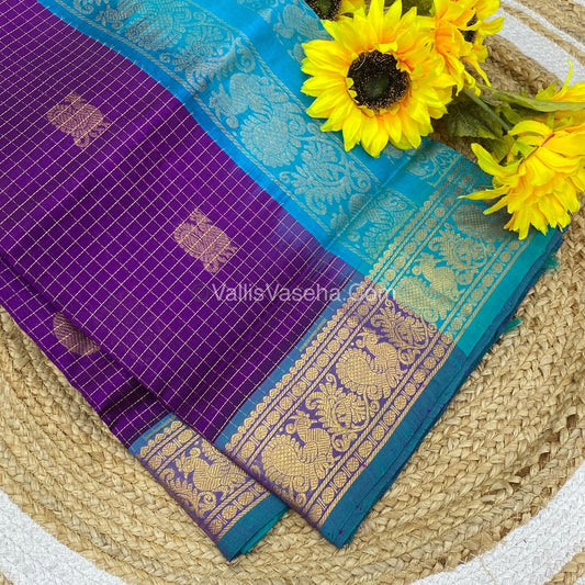 Pure Silk Cotton Saree - Mayil & Chakkaram Design - Purple with  Teal Blue Combo - VVMC002