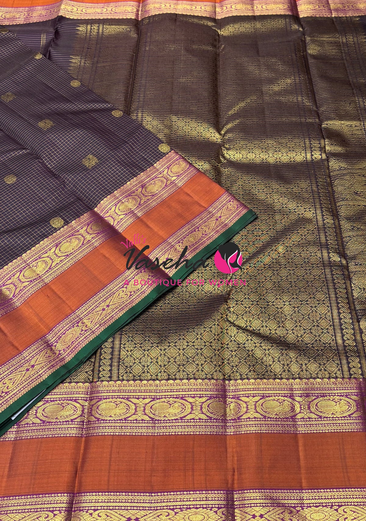 Pure Kanchipuram Silk Saree - Brown & Purplish Pink Combo - VVPS037