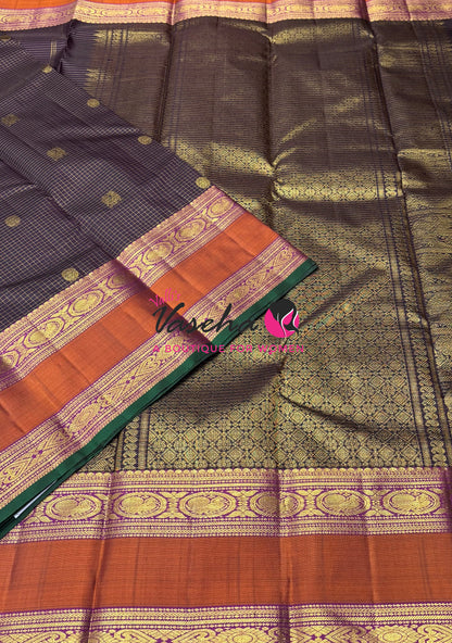 Pure Kanchipuram Silk Saree - Brown & Purplish Pink Combo - VVPS037