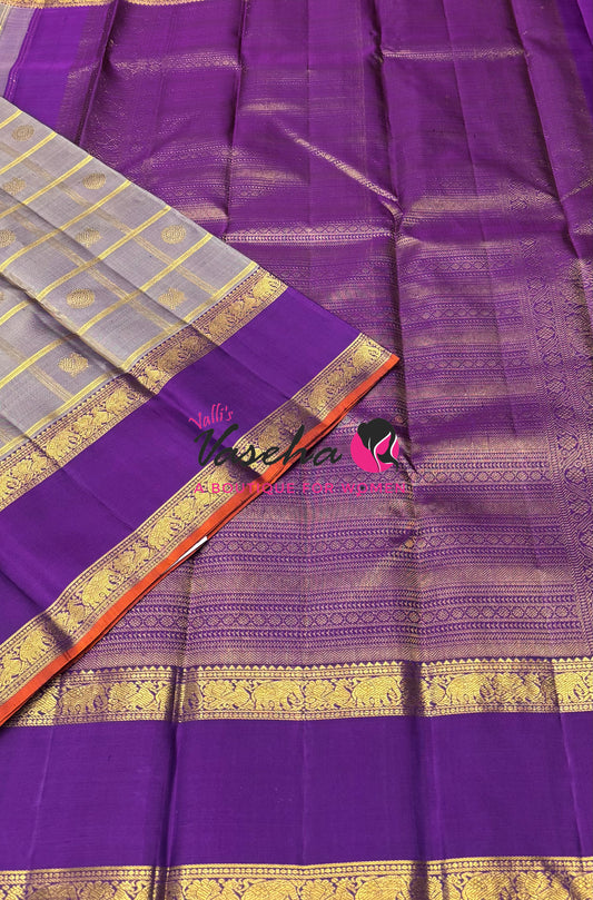 Pure Bridal Kanchipuram Silk Saree -  Grey & Purple Combo - VVPS076