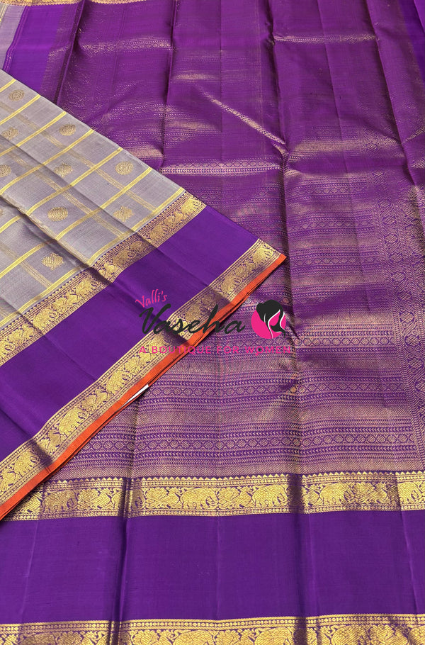 Pure Bridal Kanchipuram Silk Saree -  Grey & Purple Combo - VVPS076