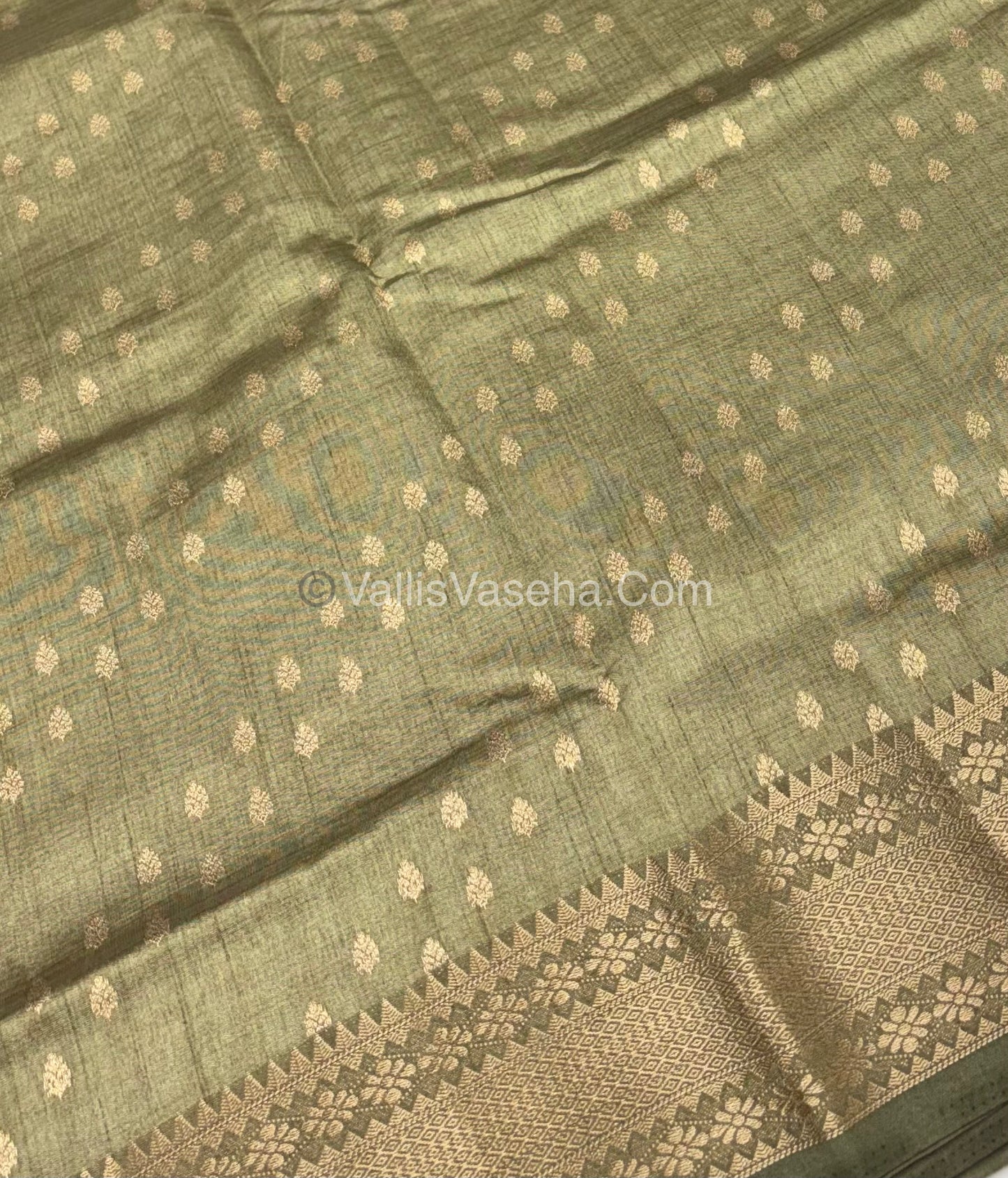 Semi Tussar Silk - Grand Pallu - Olive Green Shade - VVSTS017