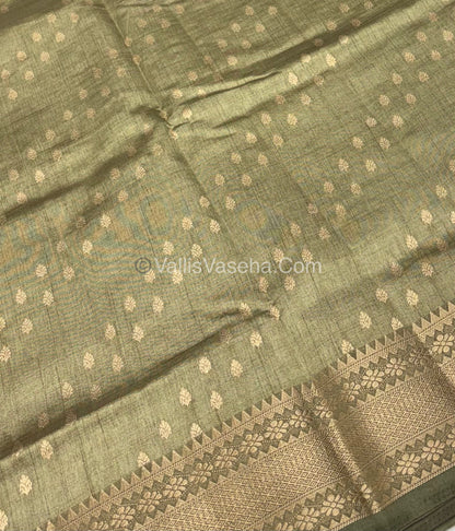 Semi Tussar Silk - Grand Pallu - Olive Green Shade - VVSTS017