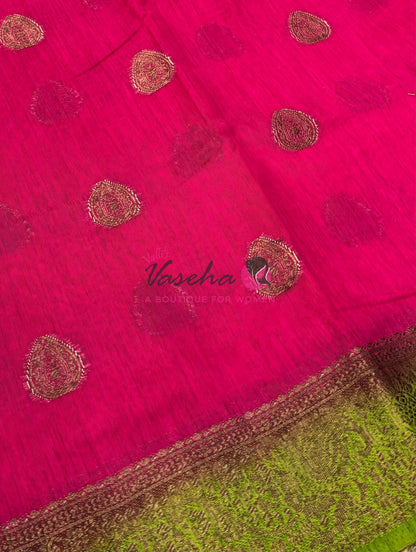 Bamboo Silk Saree- Pink with Green Shade - VVBSS016