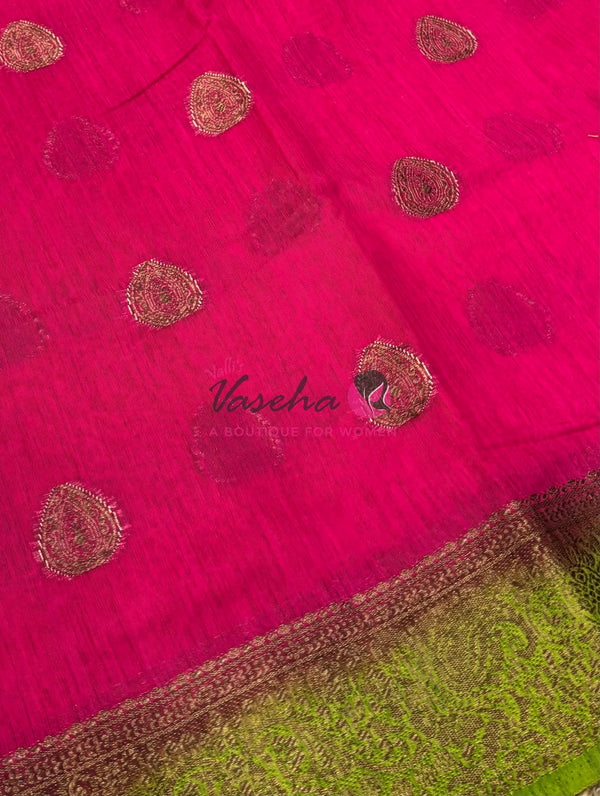 Bamboo Silk Saree- Pink with Green Shade - VVBSS016