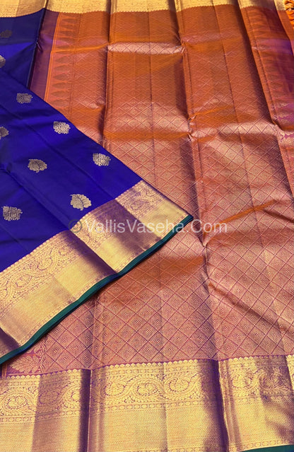 Pure Kanchipuram Silk Saree - Blue & Peachish Gold Shade - VVPS014