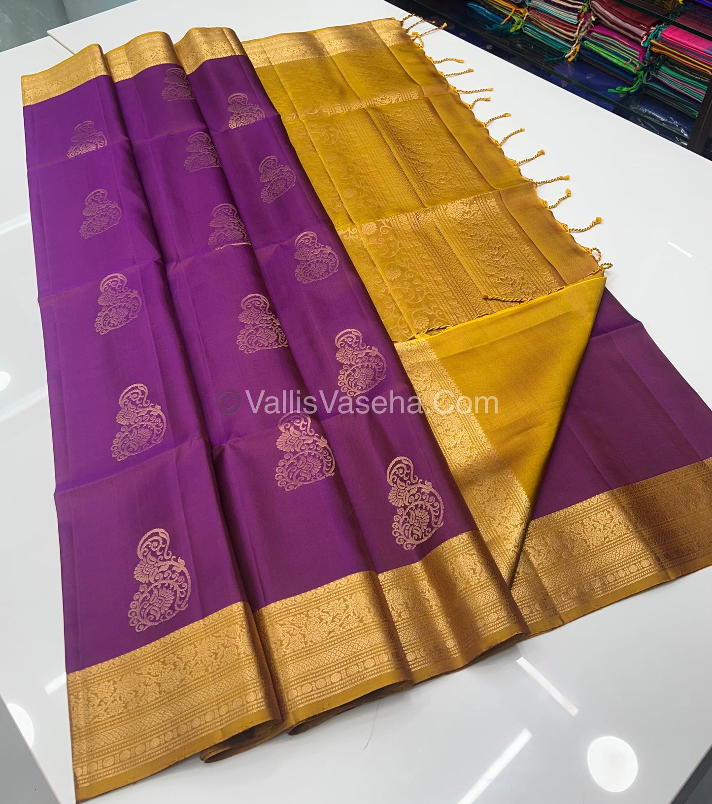 Pure Soft Silk Saree - Kanchi Border - Purplish Pink & Mustard Combo - VVPSS046