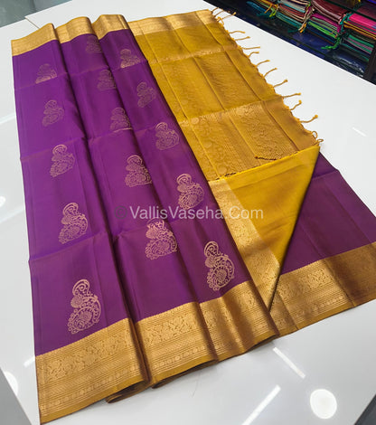 Pure Soft Silk Saree - Kanchi Border - Purplish Pink & Mustard Combo - VVPSS046