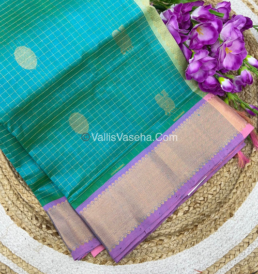 Pure Silk Cotton Saree - Mayil & Chakkaram Design -  Blue With Peach Shade - VVMC002