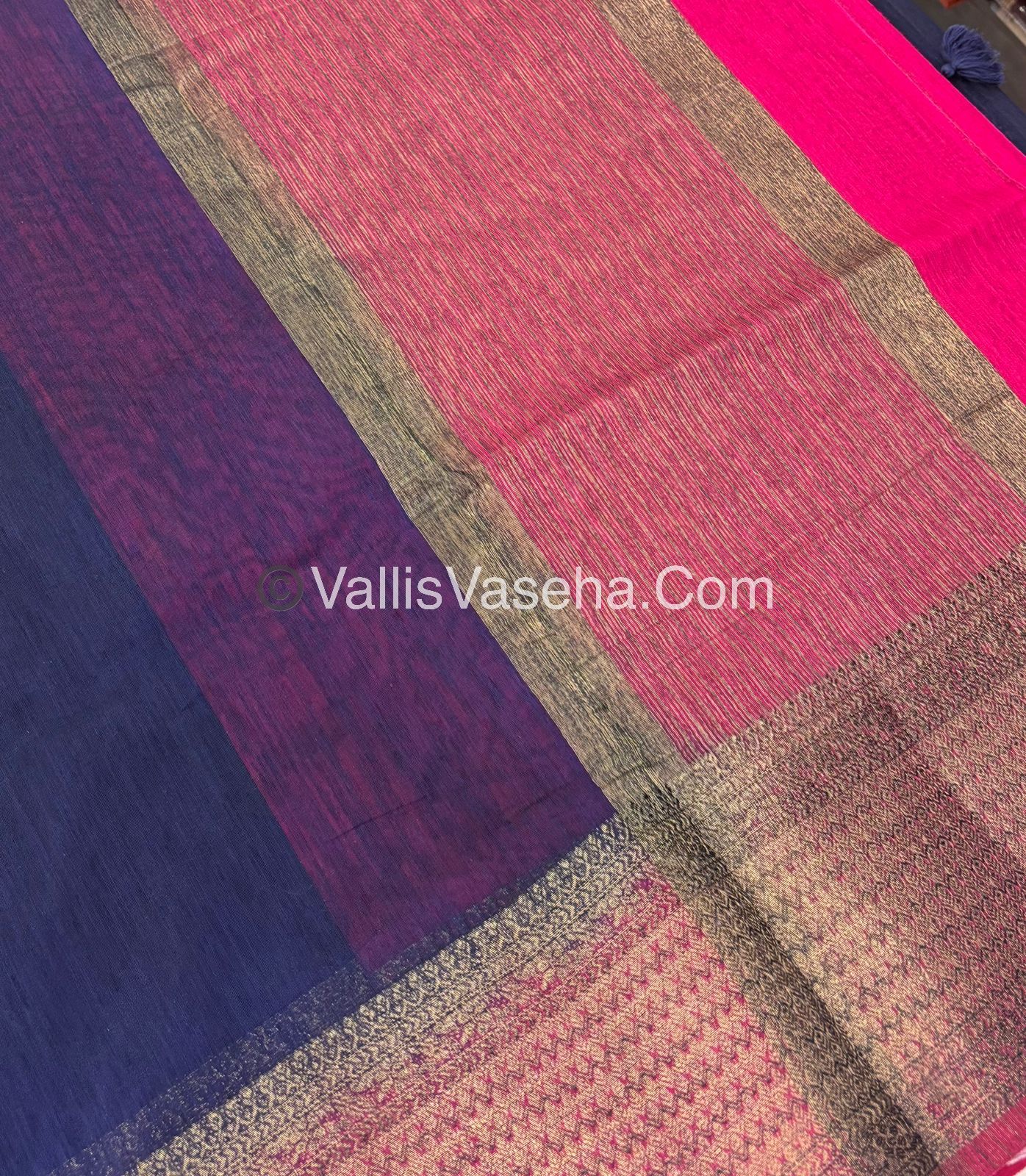 Bamboo Silk Saree - Navy Blue With Pink Shade - VVBSS003