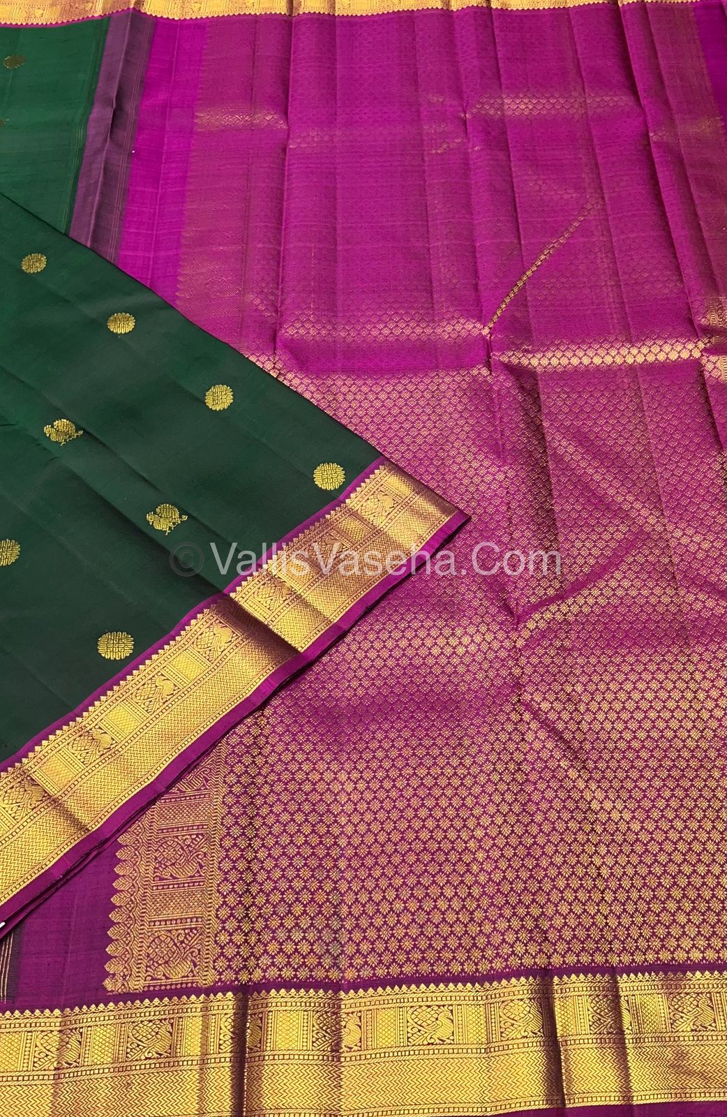Pure Kanchipuram Silk Saree - Green with Pink Combo - VVPS021