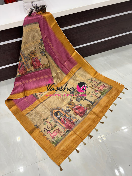 Semi Art Silk Saree - Pink & Mustard Yellow Shade - VVSAT001