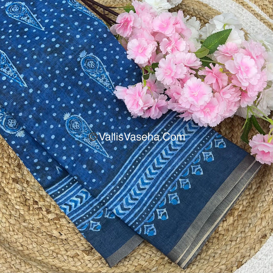Linen Mixed Cotton Saree - Indigo Blue - Printed - VVLMP001