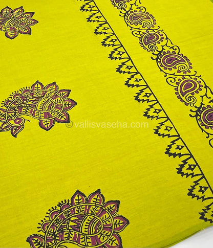 Poly Silk Mixed Printed Cotton - Lemon Green With Pink - VVPCP002