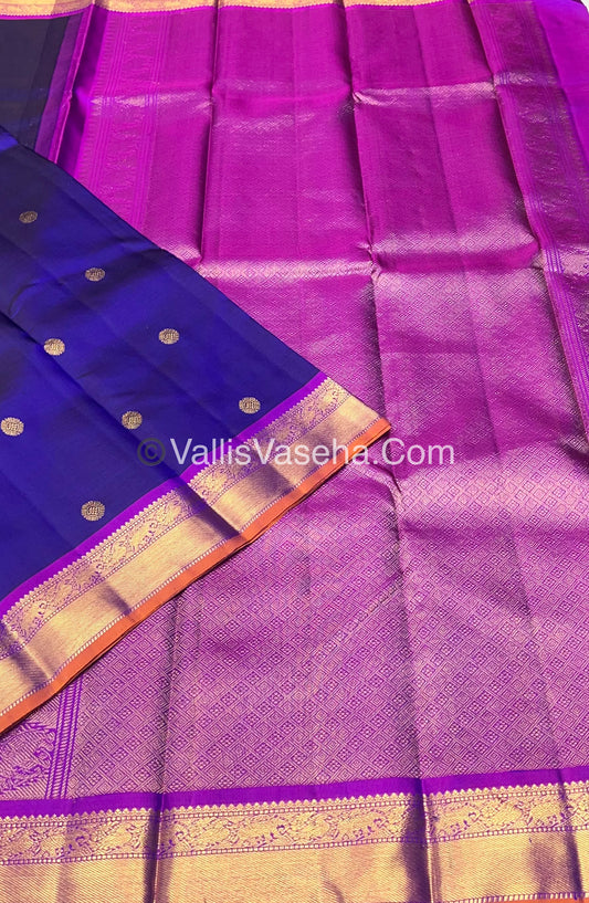 Pure Kanchipuram Silk Saree - Blue with Purplish Pink Combo - VVPS021