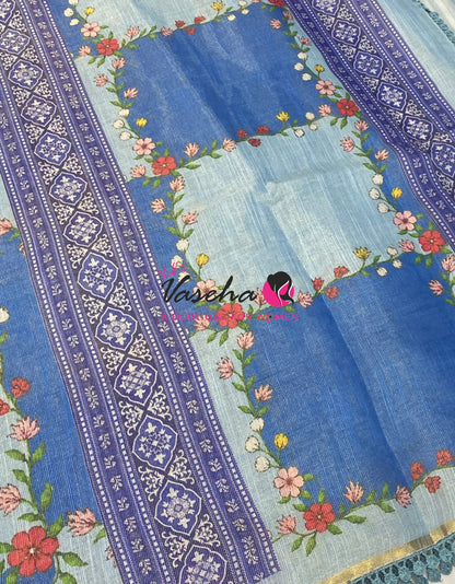 Linen Tissue Saree -  Light & Dark Combo - Blue Shade - VVLTS005