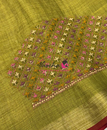 French Knot - Linen Tissue Saree - Green Shade - Heavy Work Blouse - VVLFN016