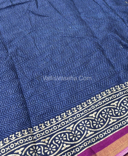 Semi Maheshwari Mixed Cotton Saree - Linen Feel - Indigo Blue & Pink - VVMSC003