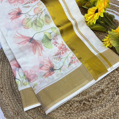 Kerala Cotton Saree - Cream With Golden Border - VVKCS001