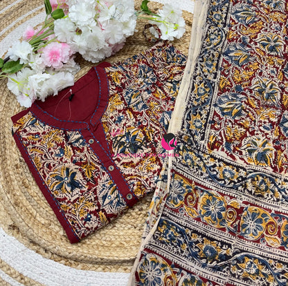 Ready Made - Pure Kalamkari Cotton - Salwar, Kameez & Duppatta(3pc)-Merun - VVRKC002