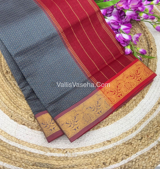 Semi Silk Cotton Saree - Grey With Red Shade - VVSSC006