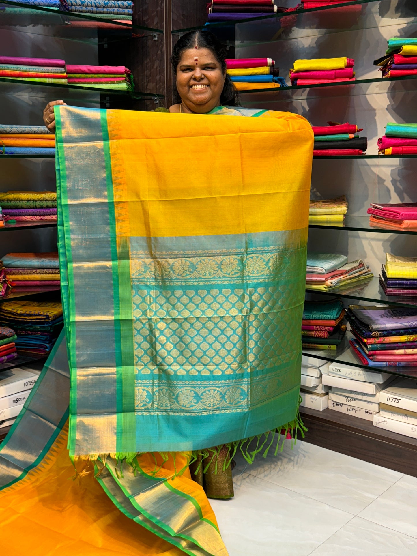 Pure Korvai Silk Cotton Saree - Yellow with Turquoise Greenish Blue Combo - Temple border - VVKSC001