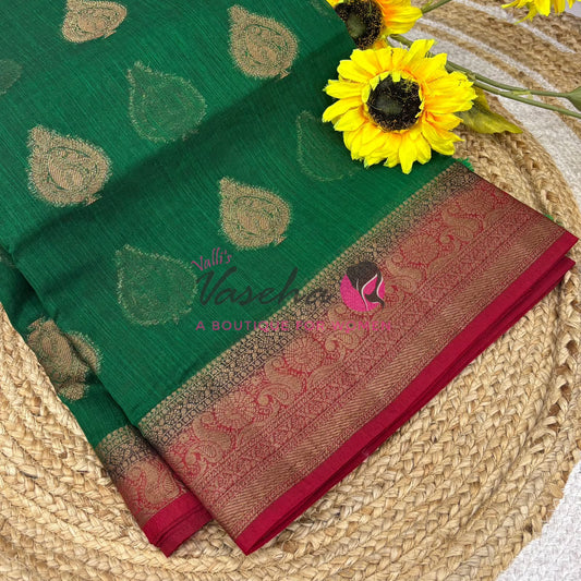 Bamboo Silk Saree- Green with Red Shade - VVBSS013