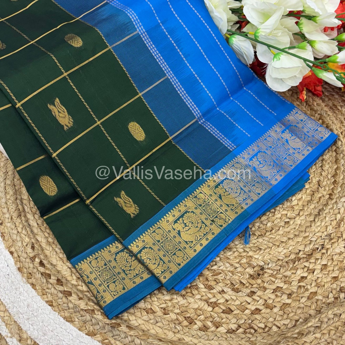 Semi Silk Cotton Saree - Green with Blue shade - VVSSC002