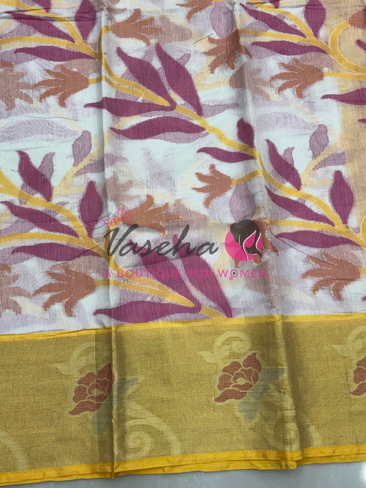 Banarasi Pochampally Weaving Semi Soft Cotton Saree - White with Yellow  - VVBPS001