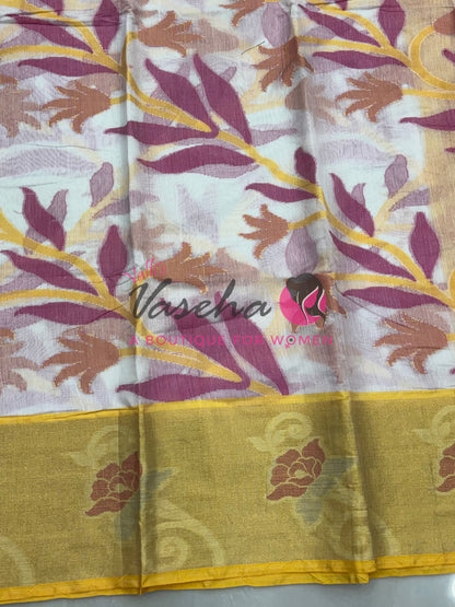 Banarasi Pochampally Weaving Semi Soft Cotton Saree - White with Yellow  - VVBPS001