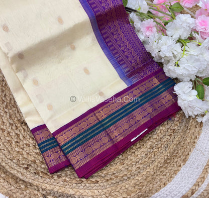 Pure Korvai Silk Cotton Saree - Cream with Purple - VVKSC004