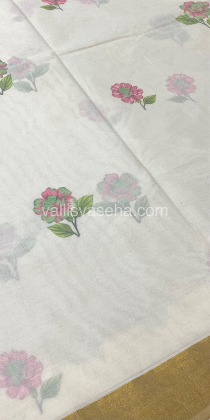 Kerala Cotton Saree - Cream With Golden Border - VVKCS001