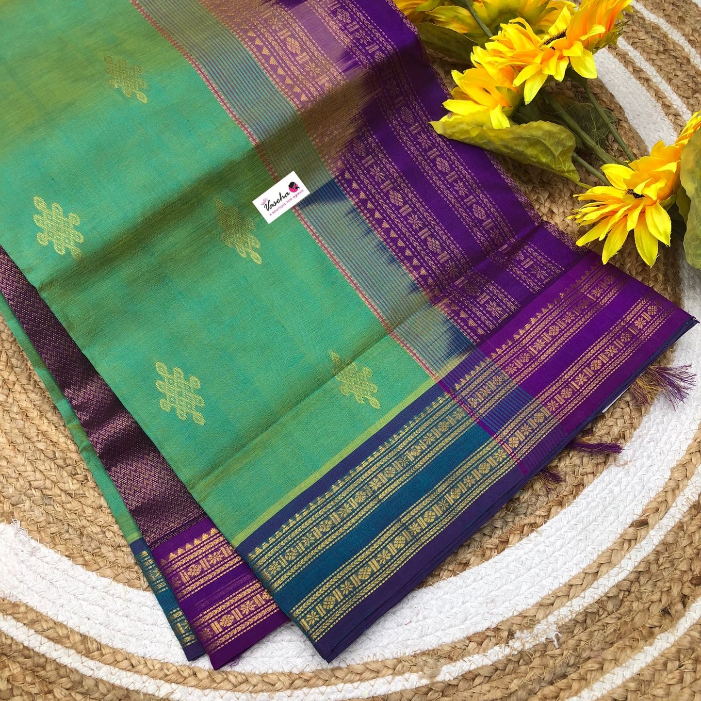 10 yards - Pure Silk Cotton - Kolam Design - Green with Purple - VVTYSC001