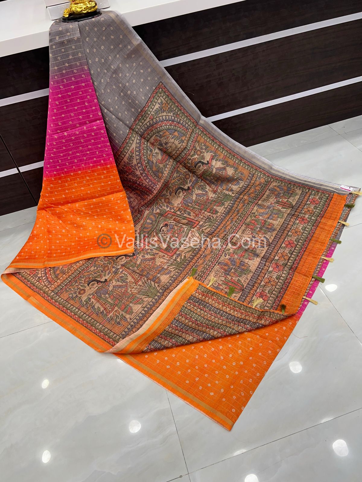Semi Chanderi Saree - Fusion Of Bandhini & Madhubani- VVSCS002