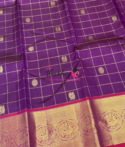 Pure Kanchipuram Silk Saree - Purple With Pinkish Red - VVPS097